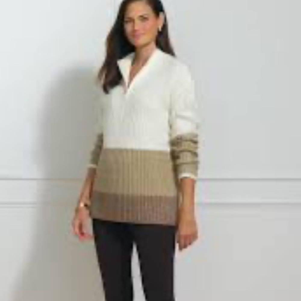 Talbots Women's V-Neck Colorblock Sweater -1/2 zip Cream and Brown size large